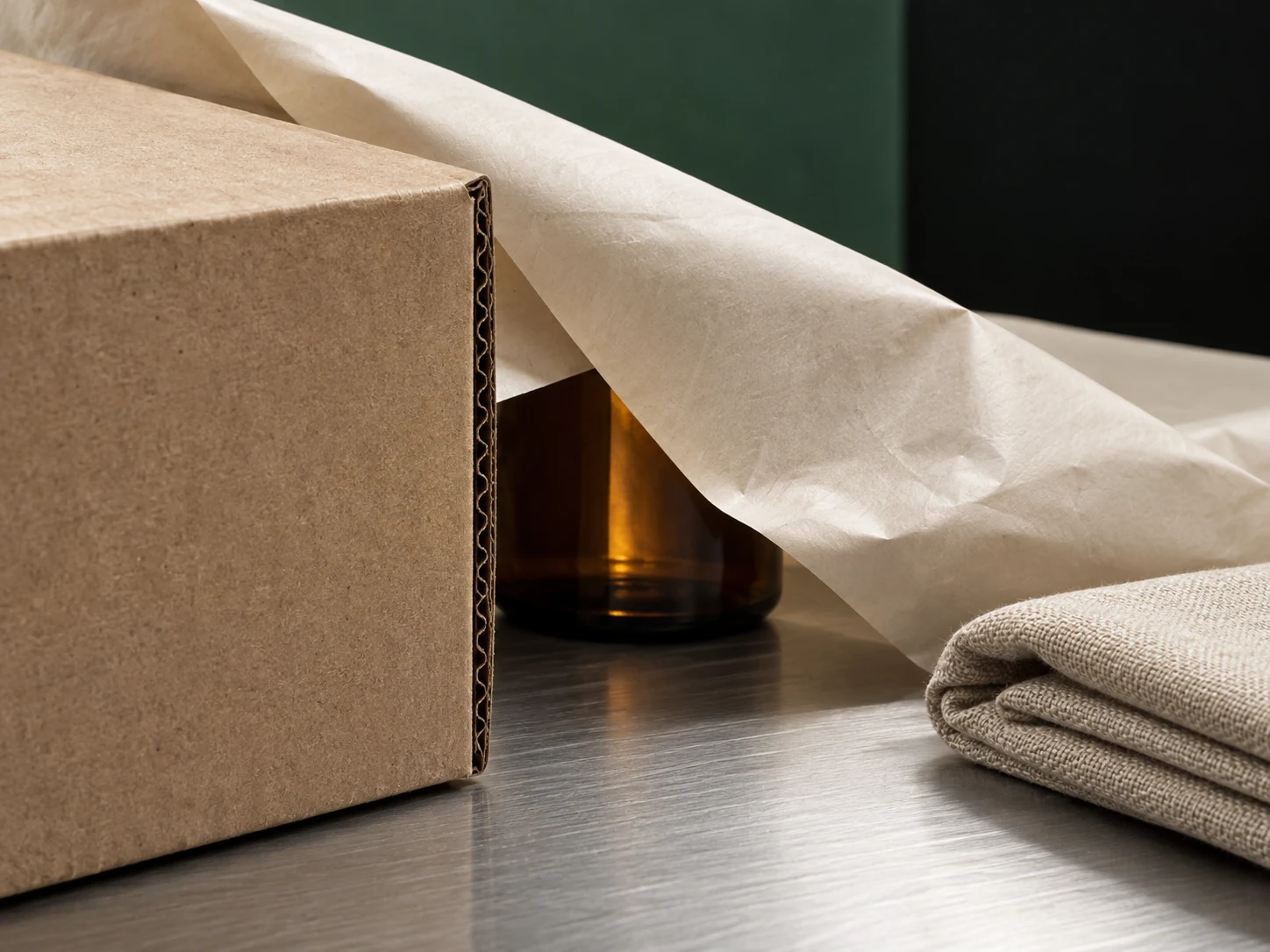 Close-up of kraft packaging, folded fabric and an amber jar partly wrapped in paper