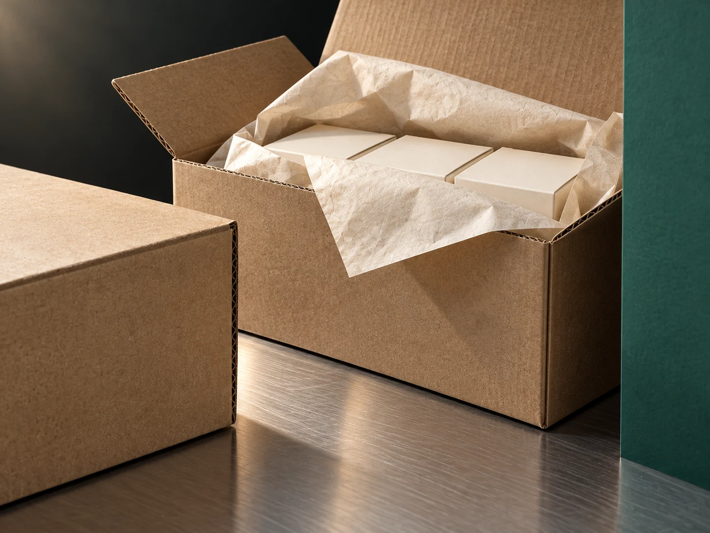 Plain kraft shipping cartons with smaller retail boxes inside, on a brushed metal table